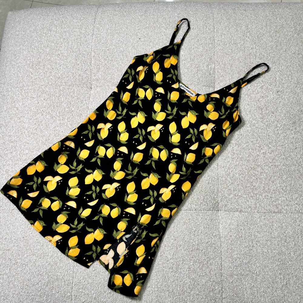 Reformation Lemon Print Mini Slip Dress Black- Size Small